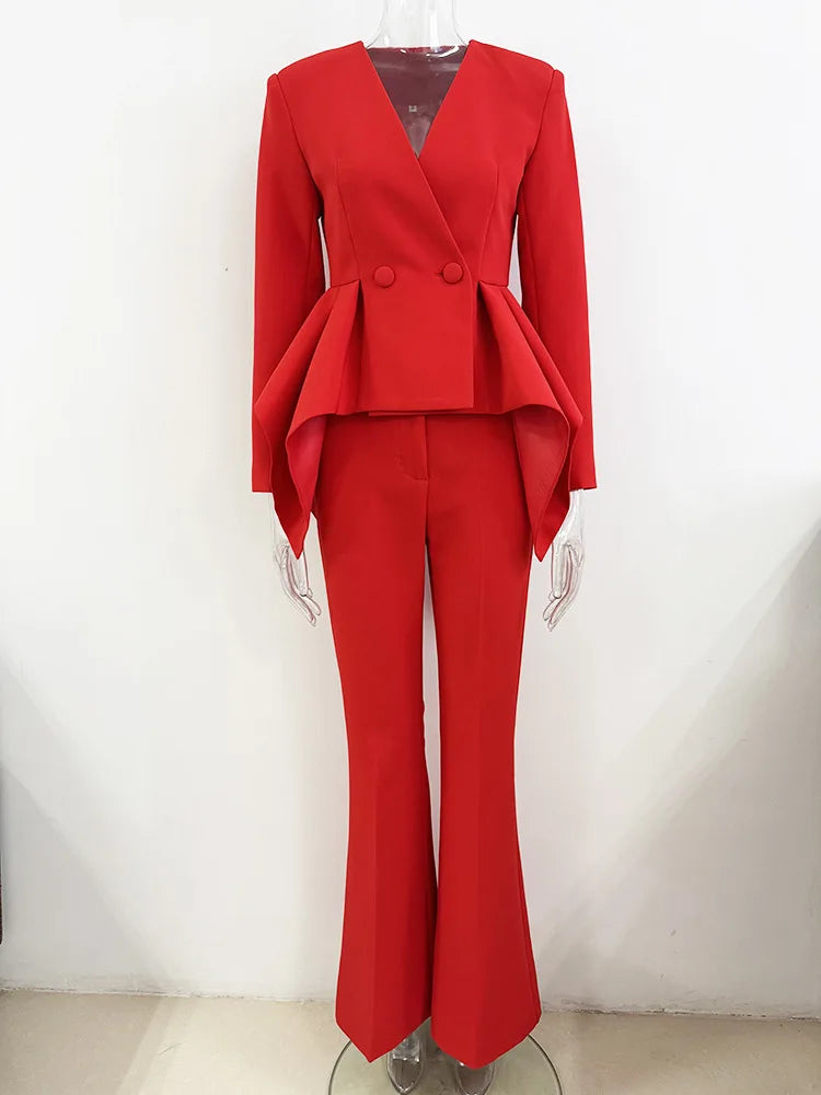 Sets V Neck Irregular Coat High Waist Pants