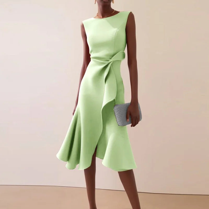 Solid Commute Dress Slim Ruffle