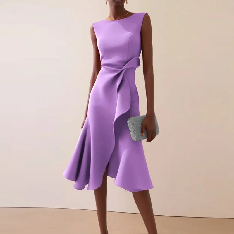 Solid Commute Dress Slim Ruffle